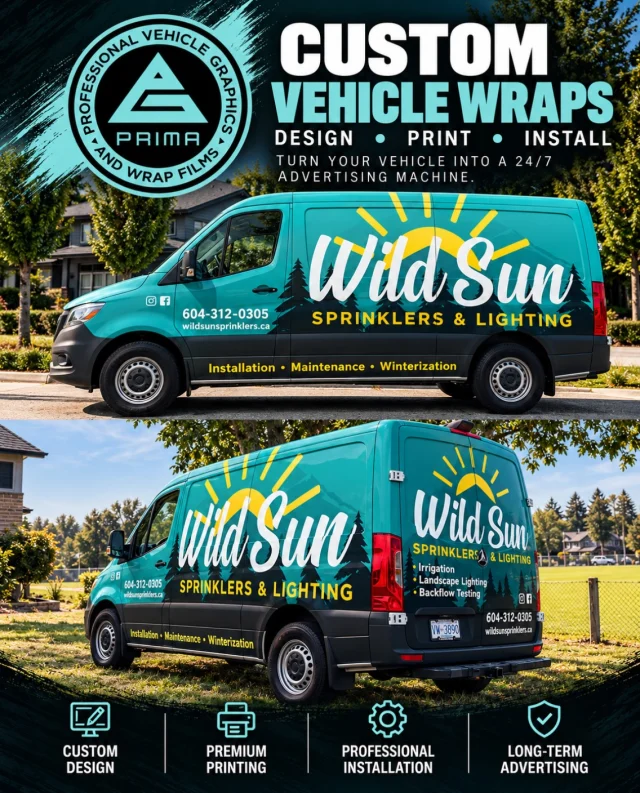 Check out this eye-catching custom vehicle wrap for Wild Sun Sprinklers & Lighting! 🔥

With its vibrant colours, bold branding, and attention-grabbing design, this Mercedes Sprinter is built to turn heads and promote their business wherever it goes! 👀

At Prima Graphics, we take care of EVERYTHING from start to finish! 🙌

🎨 Custom Graphic Design – Bringing your brand to life with professional, eye-catching designs.

🖨️ Premium Printing & Colour Calibration – Delivering vibrant, consistent graphics using high-quality materials.

🛠️ Professional Installation – Our 3M and Avery Dennison certified wrap installers ensure precision, quality, and attention to every detail.

💰 LONG-TERM ADVERTISING THAT WORKS!

Unlike traditional advertising that requires ongoing payments, vehicle graphics are a one-time investment that can continue promoting your business for years to come!

Whether you have one vehicle or an entire fleet, we’re here to help your business STAND OUT FROM THE COMPETITION! 🚀

📩 Ready to put your vehicles to work? Contact Prima Graphics today!

#PrimaGraphics #VehicleWraps #VehicleGraphics #CustomVehicleWraps